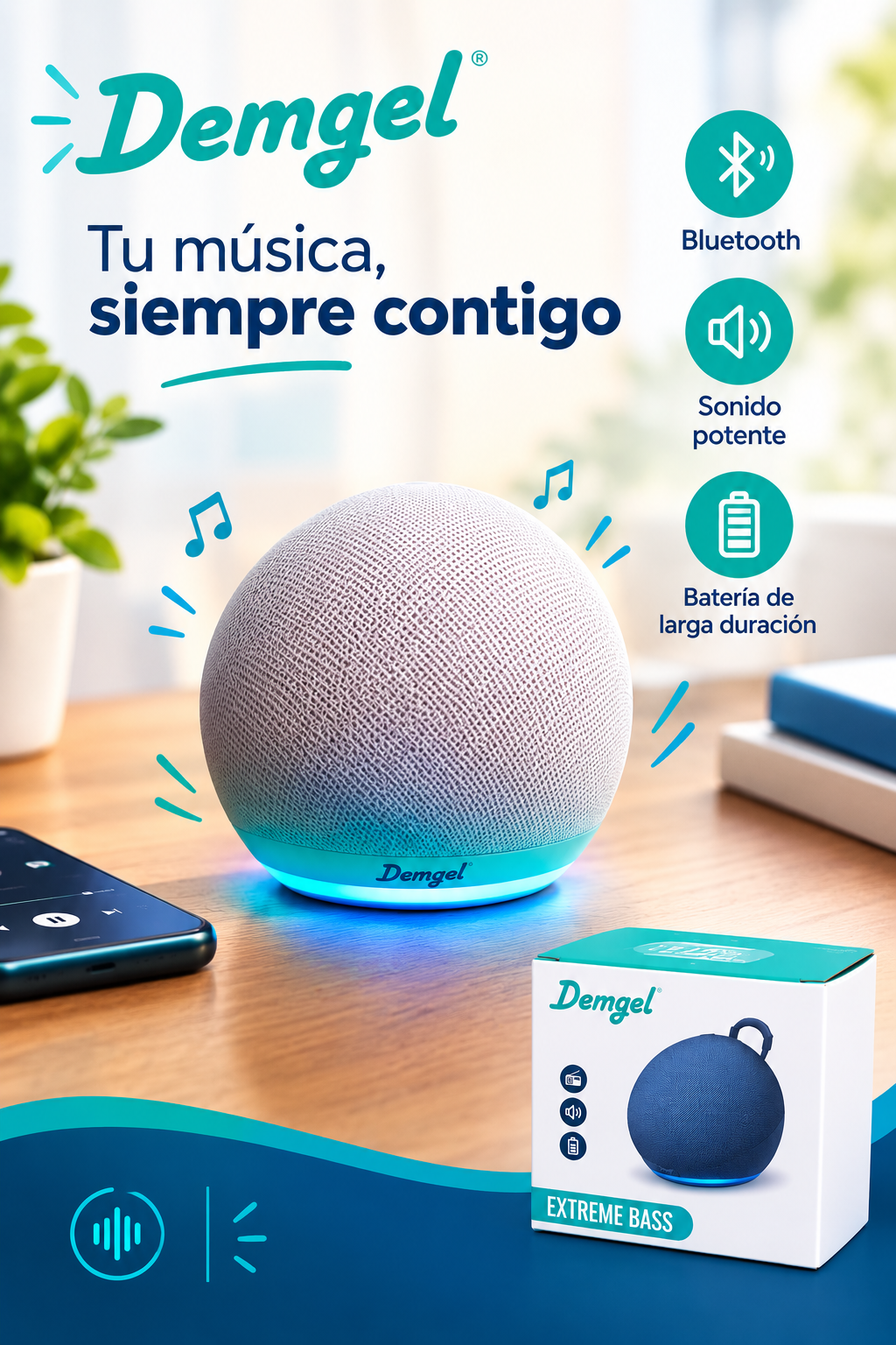Parlante Portátil Bluetooth Demgel D-P8034 con Luz LED y Extreme Bass: Potencia y Estilo Esférico